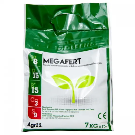 Ingrasamant anorganic complex, special formulat pentru a asigura necesarul de macroelemente esentiale (NPK), alaturi de calciu si sulf, Megafert 8:15:15+3%CA+9%S, 7 kg Ofertă specială