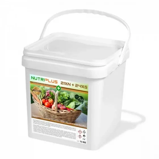 Plată sigură Ingrasamant premium granulat cu azot si sulf pentru cartof, legume si pomi fructiferi, NutriPlus 21% N + 24% S, 15 Kg