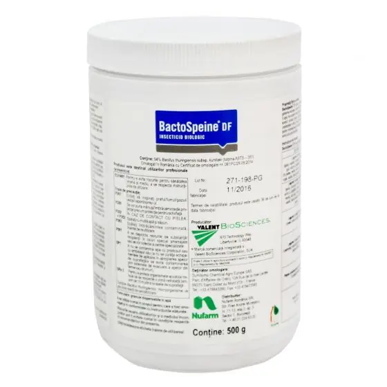 Reducere extra Biopreparat auxiliar Bactospeine DF, 500 g, Valent BioSciences, Foliar, Legume, Pomi fructiferi, Plante ornamentale