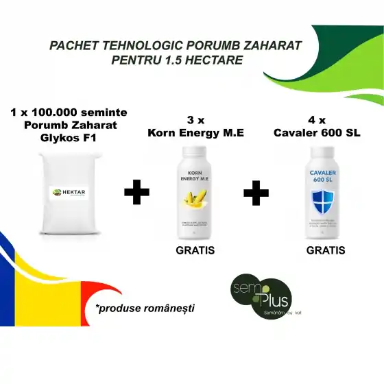 Pachet tehnologic complet pentru 1,5 HECTARE DE PORUMB ZAHARAT (100.000 seminte de porumb zaharat + 4 litri Biopreparat auxiliar Cavaler + 4 litri ingrasamant foliar Korn Energy Retur gratuit