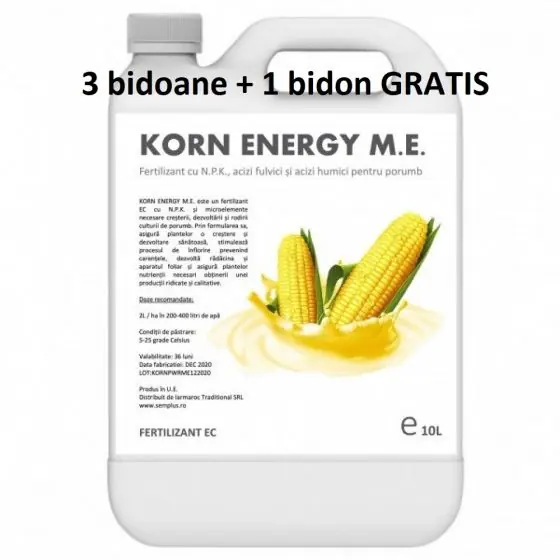 Ofertă exclusivă Pachet promotional Fertilizant cu NPK, acizi humici si acizi fulvici pentru porumb, Korn Energy M.E., 10 L, 3+1