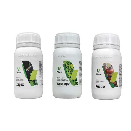 Cel mai vândut Pachet fermier mic Zapex+Vegenergy+Kuatro, 250 ml, SemPlus, Foliar, Fertigare, Tomate, Ardei, Solar