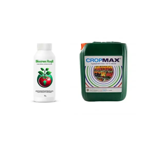 Vezi acum Pachet tratament si nutritie tomate/rosii, Stimulator de legare si rodire, Biocresc Rosii, 1 l + Fertilizant foliar natural, universal Cropmax, 5 l