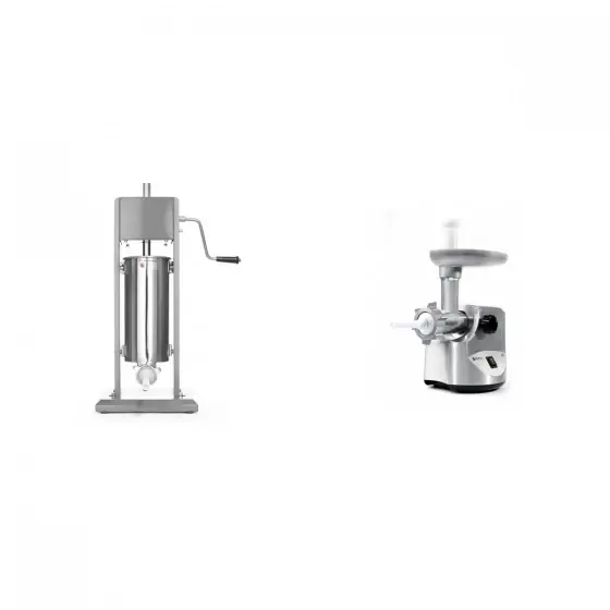 Promoție Pachet Aparat profesional pentru umplut carnati, HENDI Smart, 5 lt, sistem umplere cu 2 viteze, inclus set 3 palnii, 30x34x(H)69 cm plus Masina de tocat carne, 2 discuri taiere incluse 4 si 7 mm, 3 accesorii umplere carnati 12, 15, 20 mm, Hendi 198, corp