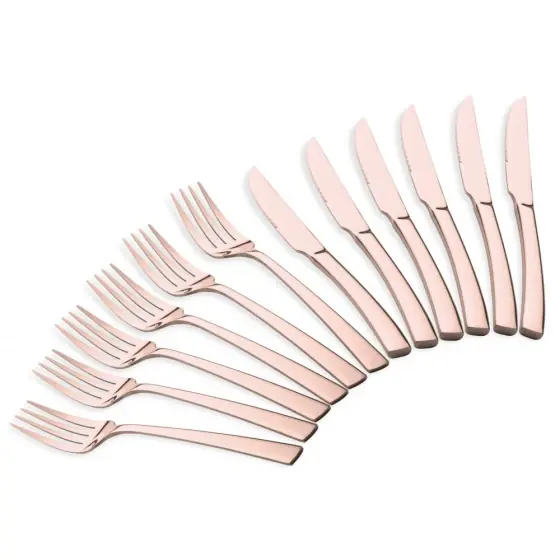 Set tacâmuri 12 piese cu cuțit de friptură, finisaj oglindă, rose gold - BH/3088 Ofertă exclusivă