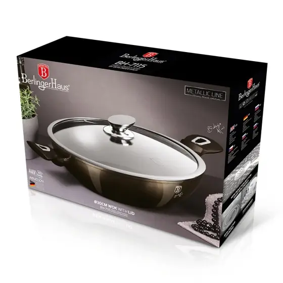 Ultima șansă Wok cu capac, 30 cm, Metallic Line Shiny Black Edition - BH/7115