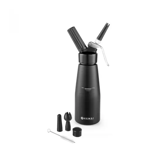 Aparat / sifon frisca, 0,5 litri, corp negru polipropilena, Hendi Kitchen Line, include 3 duze si perie curatare, 80 x 260 mm, Negru Reducere specială