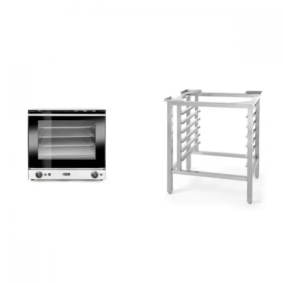 Cel mai vândut Pachet Cuptor convectie cu umidificare Hendi H90S, 4 tavi 438x315 mm incluse, 2 elemente incalzire, 2 ventilatoare, termostat reglabil 50-300 gr C, timer 0-120 min, 2670W, 595x595x(H)570 mm plus Suport podea pentru cuptor H90/ H90S, Hendi, Inox, dimensiun