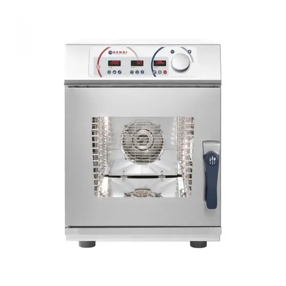 Bestseller Cuptor convectie cu umidificare, compact HENDI NANO, 2 elemente incalzire, 1 ventilator reversibil, termostat reglabil, 50-260 gr C, timer 0 - 120 min, cu sonda si sistem de spalare, 6 tavi x GN 1/1, putere 7000 kW