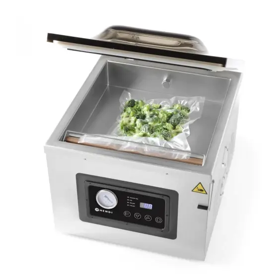 Noutate Aparat profesional de vidat cu camera 1000 W, banda sigilare 410 mm, latime 3 mm, timp si ciclu de sigilare ajustabile, Inox, display digital, Hendi Profi Line, 505x567x(h)465 mm