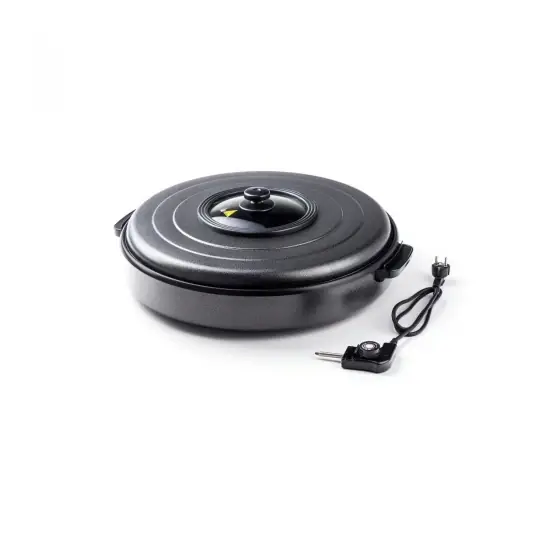 Promoție Tigaie electrica cu capac Hendi, aluminiu cu strat anti-aderent, vas interior 55x inaltime 6 cm, exterior 62x inaltime 19 cm, 230 V, 1600 W