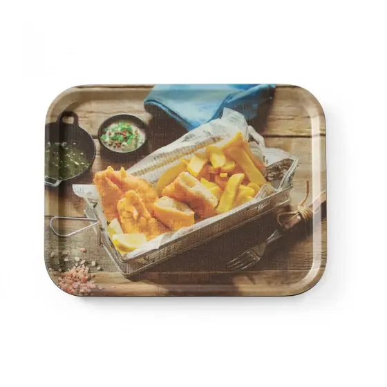Preț redus Tava de servire dreptunghiulara suprafata antiderapanta, cu imprimare, HENDI, tasty fish & chips, 330x430mm