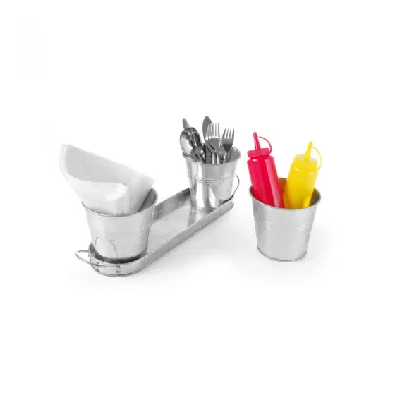 Preferatul clienților Set rustic cu tava pentru tacamuri, servetele si sosuri Hendi, tip galeata, 365x130x(H)125, otel galvanizat