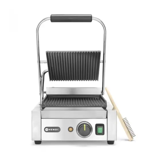 Contact grill, suprafete striate din fonta cu invelis ceramic, 1800 W, corp inox, Hendi, potrvit si pentru uz profesional Ieftin