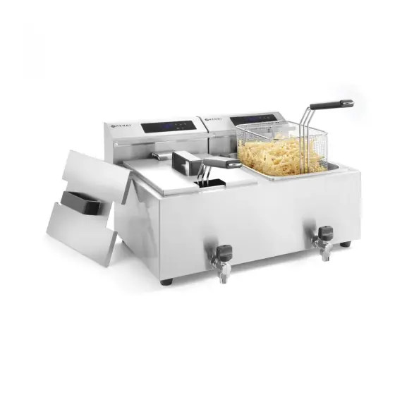 Livrare expres Friteuza electrica profesionala, cu robinet, 2x8 litri, 7000 W, termostat 0-190 gr C, inox18/10, 2 cosuri incluse, Hendi Master Cook, 605x515x(h)345 mm