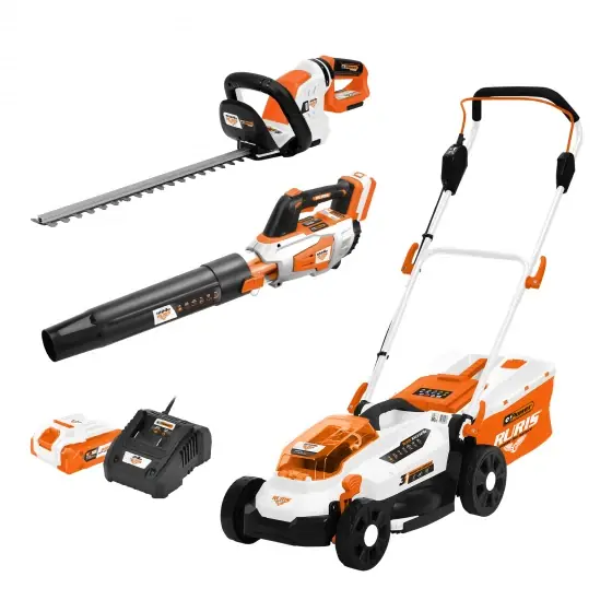 Pachet Cut & Clean Ruris: mașină de tuns gazon RXI3324E, electrofoarfecă 4024E, suflantă 1224E, acumulator + încărcător Alfa UP 2424E Plată securizată