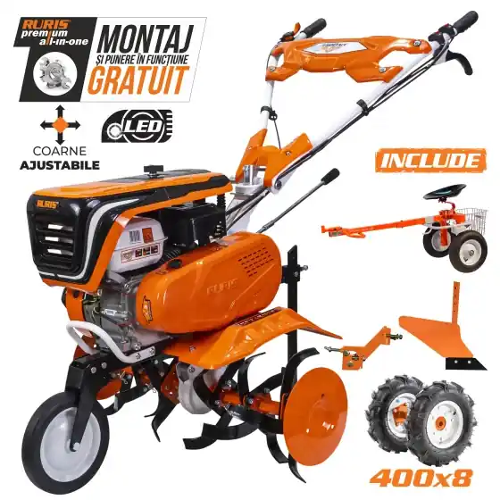 Ofertă de sezon Motosapa RURIS 7500ACC2 cu roti cauciuc 4.00-8, plug, adaptor si accesoriu tractat