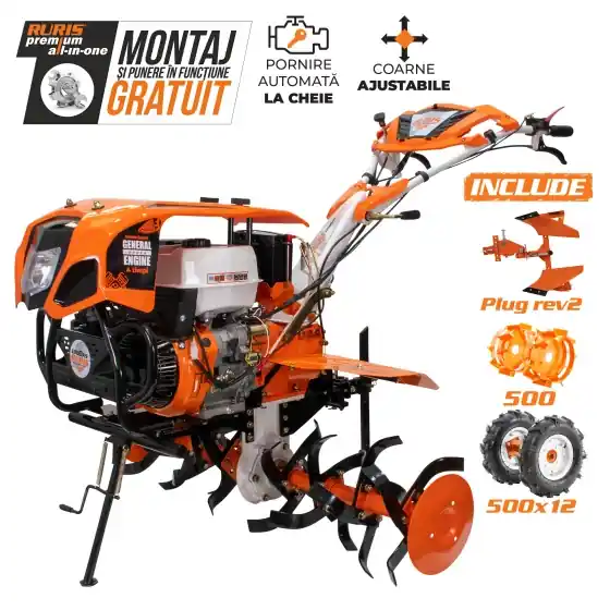 Motosapatoare Ruris 1300KS + roti cauciuc 5.00-12 + plug reversibil REV2 + roti metalice 500 Reduceri
