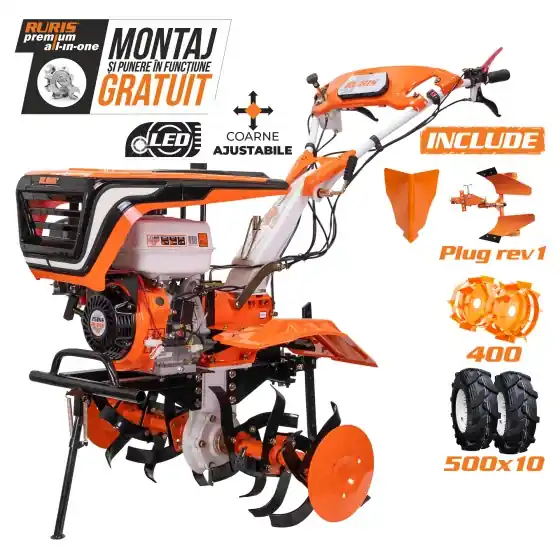 Reducere de preț Motosapatoare RURIS 751KS + roti cauciuc 5.00-10 + rariță + plug reversibil REV1 + roti metalice 400 fără manicot