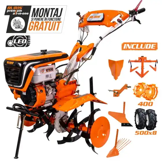 Motosapatoare RURIS 732ACC cu roti cauciuc 5.00-8, rarita, plug, adaptor, dispozitiv scos cartofi, roti metalice 400 fara manicot si cultivator Popular