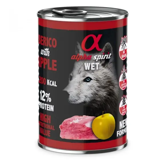 Hrană umedă Premium pentru câine Alpha Spirit, cu porc și măr, 400 g Lichidare de stoc