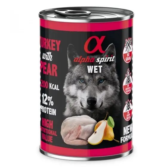 Noutate Hrană umedă Premium pentru câine Alpha Spirit, cu curcan și pere, 400 g