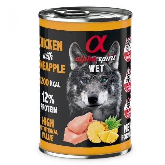 Reducere extra Hrană umedă Premium pentru câine Alpha Spirit, cu pui și ananas, 400 g