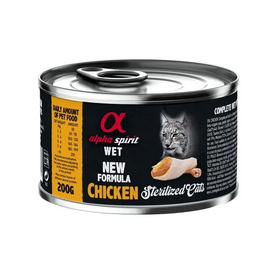 Hrană umedă Premium pentru pisică sterilizată Alpha Spirit, cu pui, 200 g Preț mic